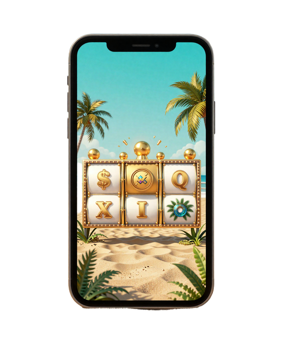 Smartphone mit rotierendem tropischem Online Slot und goldener Gewinn-Animation - mobiles Spiel bei OnlySpins