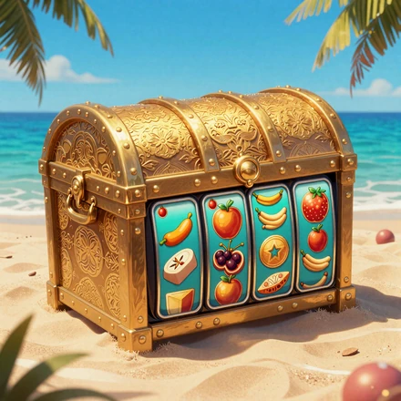 Jackpot-Slot mit goldener Schatztruhe am t&uuml;rkisen Strand - Spielautomat bei OnlySpins