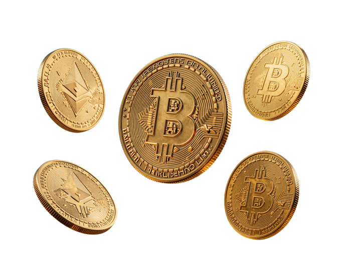 Goldene Krypto-M&uuml;nzen Bitcoin, Ethereum und USDT &uuml;ber t&uuml;rkis-goldenem Verlauf - sofortige Krypto-Auszahlungen bei OnlySpins