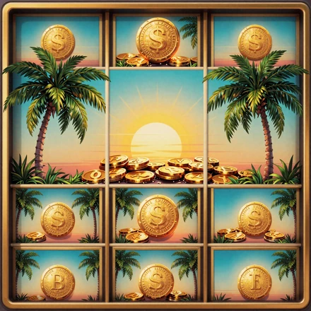 Tropischer Sunset-Slot mit Palmen und goldenen M&uuml;nzen - Online Slot bei OnlySpins