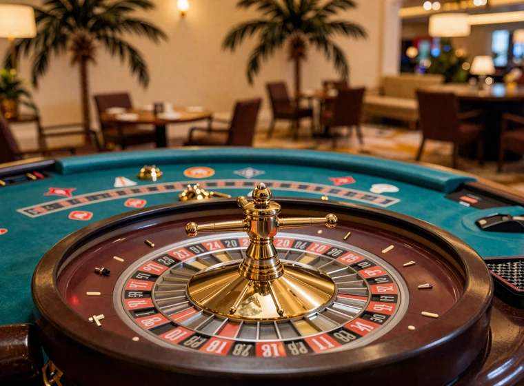 Roulette-Rad und Blackjack-Tisch in tropischer Lounge mit warmem Goldlicht - Roulette und Blackjack bei OnlySpins